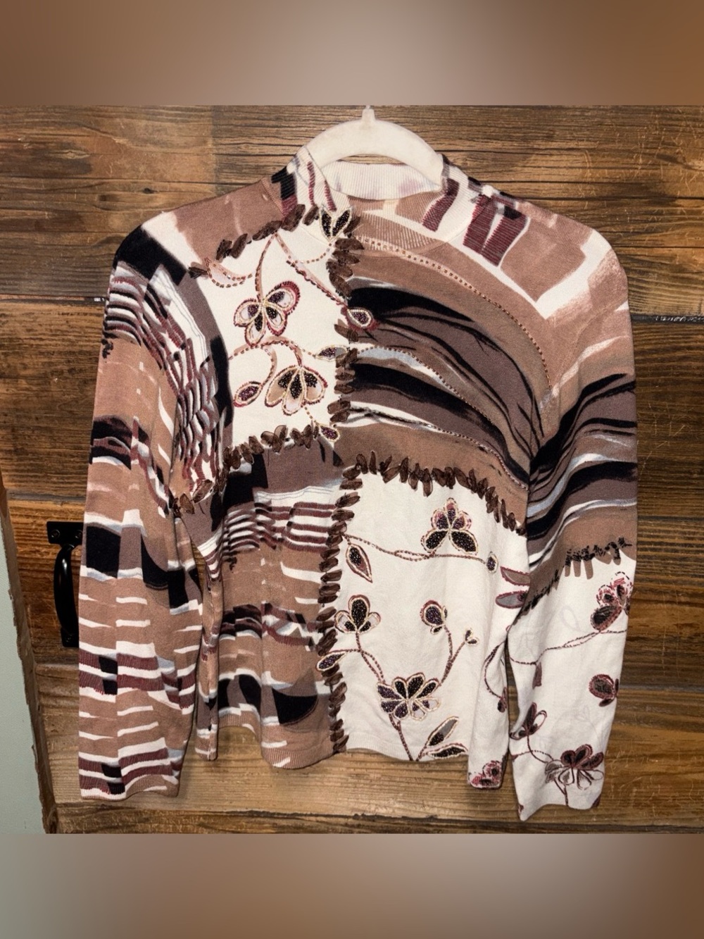 Vintage Alberto Makali Patchwork Crewneck Sweater - beaded and laced ribbon